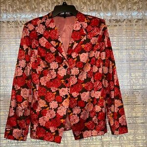 Red and Pink Floral Blazer with Notched Lapel